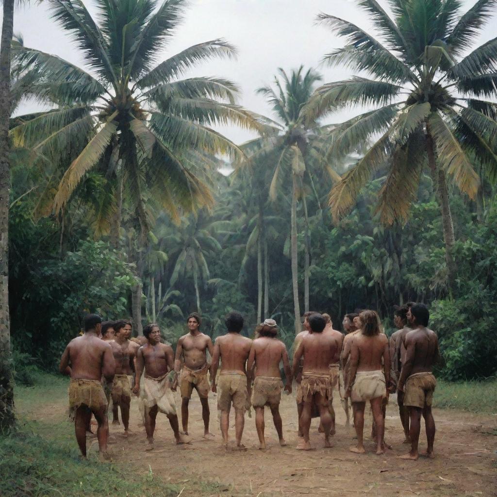 A thrilling scene on a tropical island, where an indigenous tribe and local inhabitants engage in a fierce, yet non-lethal, conflict. The air is thick with tension as each group stands their ground beneath the lush palm trees.