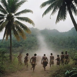 A thrilling scene on a tropical island, where an indigenous tribe and local inhabitants engage in a fierce, yet non-lethal, conflict. The air is thick with tension as each group stands their ground beneath the lush palm trees.