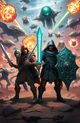 Four adventurers standing confidently in the center of the image, each wielding their unique weapons: a sword, a staff, a crossbow, and an axe