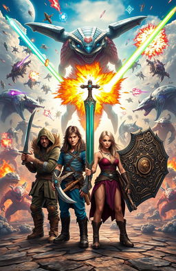 Four adventurers standing confidently in the center of the image, each wielding their unique weapons: a sword, a staff, a crossbow, and an axe