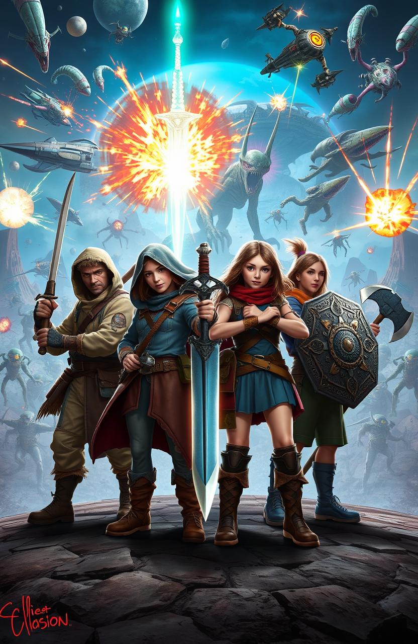 Four adventurers standing confidently in the center of the image, each wielding their unique weapons: a sword, a staff, a crossbow, and an axe