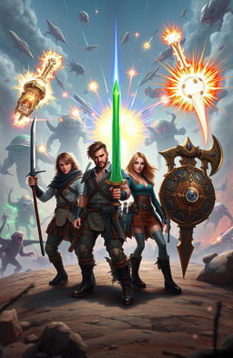 Four adventurers standing confidently in the center of the image, each wielding their unique weapons: a sword, a staff, a crossbow, and an axe