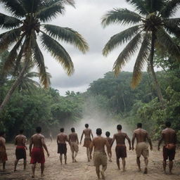 A thrilling scene on a tropical island, where an indigenous tribe and local inhabitants engage in a fierce, yet non-lethal, conflict. The air is thick with tension as each group stands their ground beneath the lush palm trees.