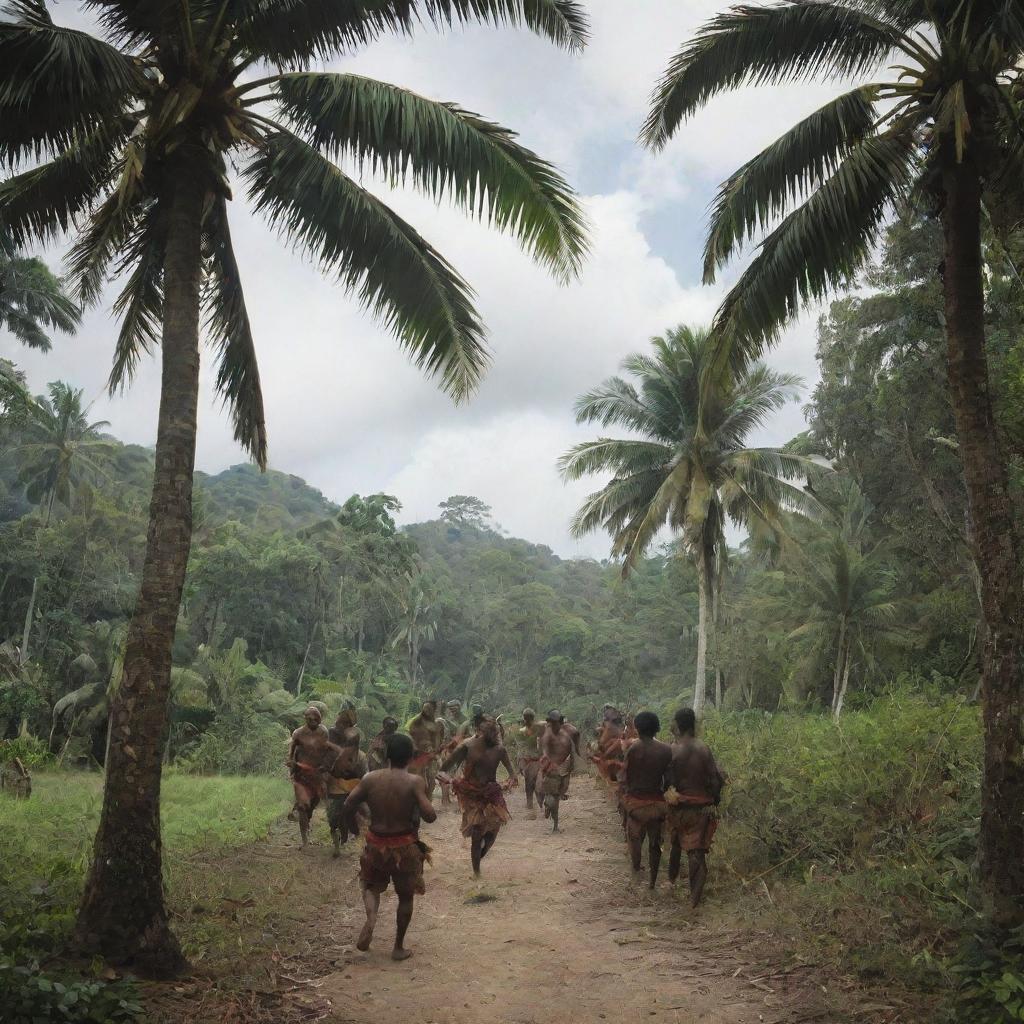 A thrilling scene on a tropical island, where an indigenous tribe and local inhabitants engage in a fierce, yet non-lethal, conflict. The air is thick with tension as each group stands their ground beneath the lush palm trees.