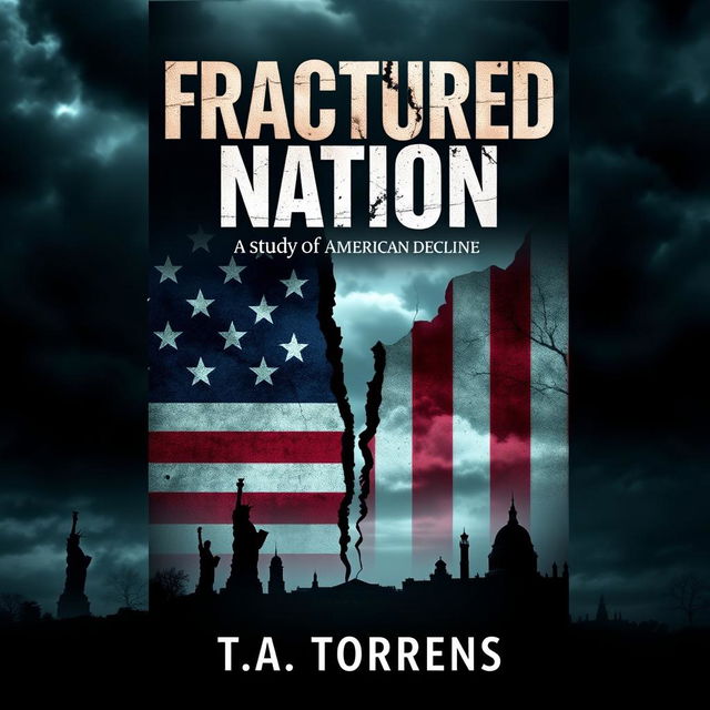 Design a cover for a Wattpad ebook titled "Fractured Nation: A Study of American Decline" by T