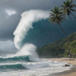 A dramatic scene on a tropical island as a massive wave, a tsunami, looms ominously on the horizon, dwarfing the lush palm trees and tribal structures. The island's inhabitants pause their conflict, unified in the face of the impending disaster.