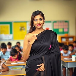 A sophisticated and elegant female teacher wearing a beautiful black saree, standing confidently in a classroom setting