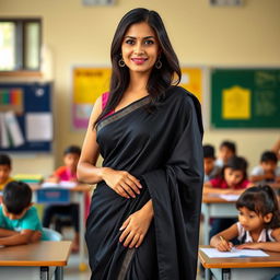 A sophisticated and elegant female teacher wearing a beautiful black saree, standing confidently in a classroom setting