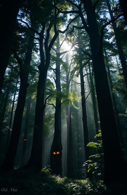 A mystical and enchanting forest scene with tall, ancient trees forming a natural canopy