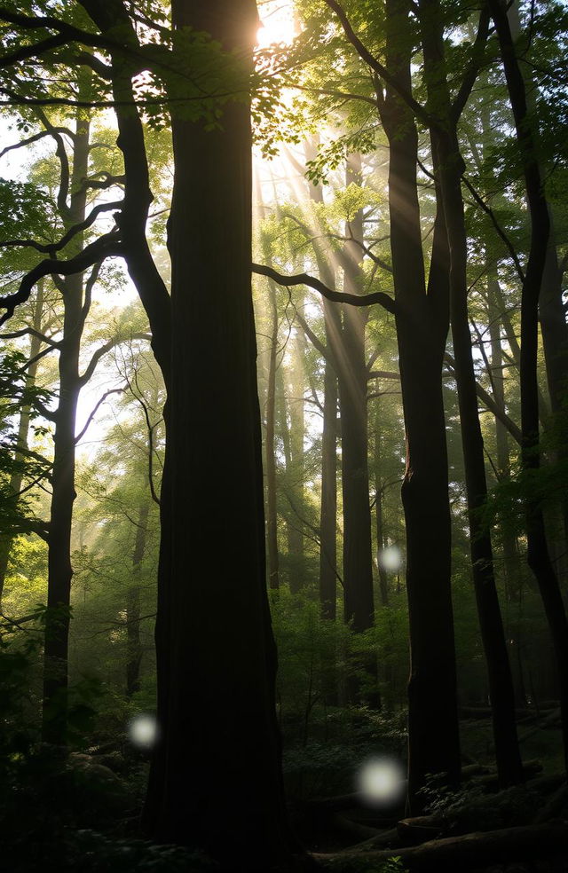 A mystical and enchanting forest scene with tall, ancient trees forming a natural canopy