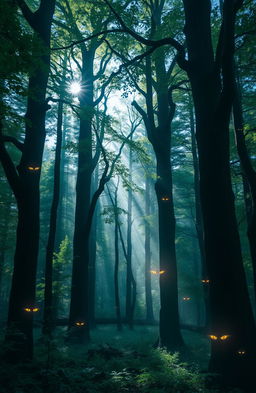 A mystical and enchanting forest scene with tall, ancient trees forming a natural canopy