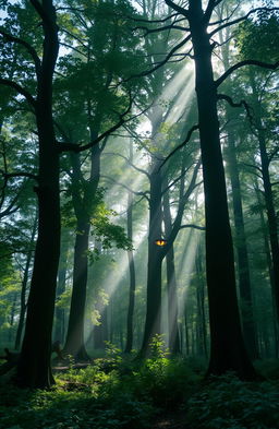 A mystical and enchanting forest scene with tall, ancient trees forming a natural canopy