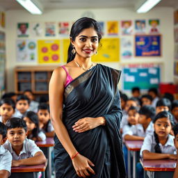 A confident female teacher wearing an elegant black saree, standing in a vibrant classroom filled with students