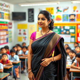 A confident female teacher wearing an elegant black saree, standing in a vibrant classroom filled with students