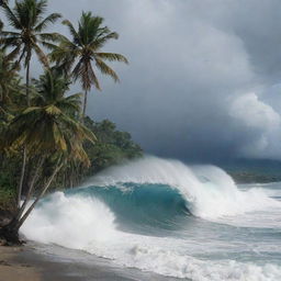 A dramatic scene on a tropical island as a massive wave, a tsunami, looms ominously on the horizon, dwarfing the lush palm trees and tribal structures. The island's inhabitants pause their conflict, unified in the face of the impending disaster.