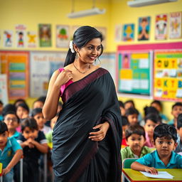 A confident female teacher wearing an elegant black saree, standing in a vibrant classroom filled with students