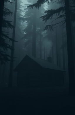 An atmospheric scene of a secluded cabin deep in the woods, surrounded by tall, dense trees