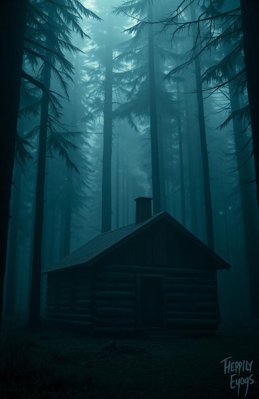 An atmospheric scene of a secluded cabin deep in the woods, surrounded by tall, dense trees