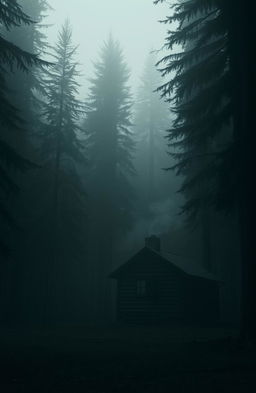 An atmospheric scene of a secluded cabin deep in the woods, surrounded by tall, dense trees