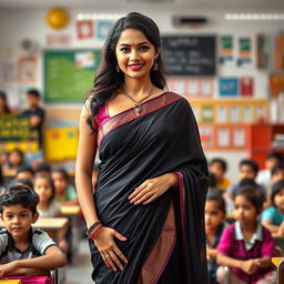 A confident female teacher wearing a beautifully draped black saree, standing in an engaging classroom filled with attentive students