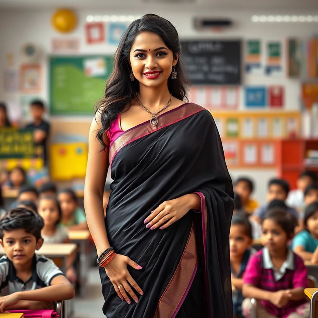 A confident female teacher wearing a beautifully draped black saree, standing in an engaging classroom filled with attentive students