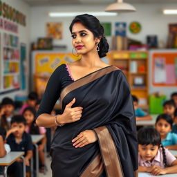 A confident female teacher wearing a beautifully draped black saree, standing in an engaging classroom filled with attentive students