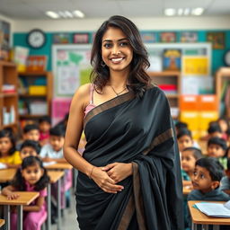 A confident female teacher wearing a beautifully draped black saree, standing in an engaging classroom filled with attentive students