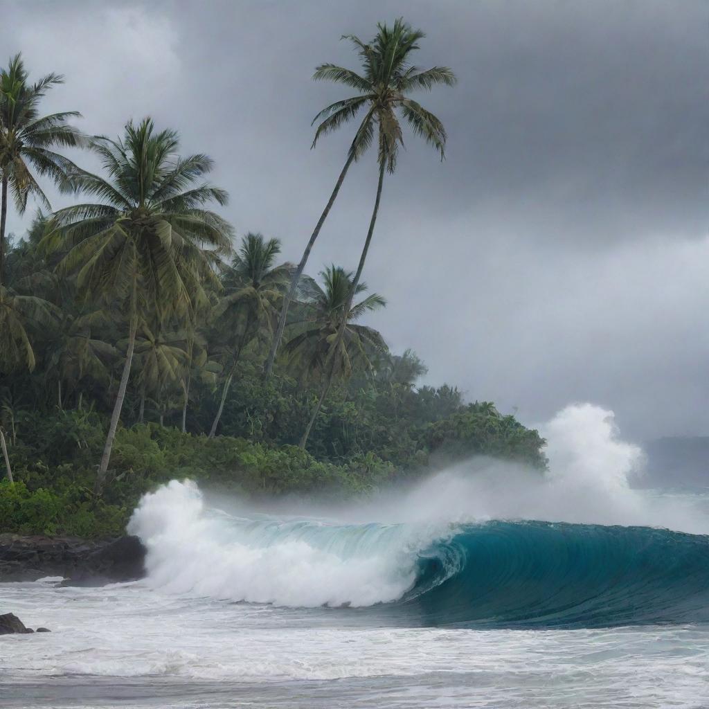 A dramatic scene on a tropical island as a massive wave, a tsunami, looms ominously on the horizon, dwarfing the lush palm trees and tribal structures. The island's inhabitants pause their conflict, unified in the face of the impending disaster.