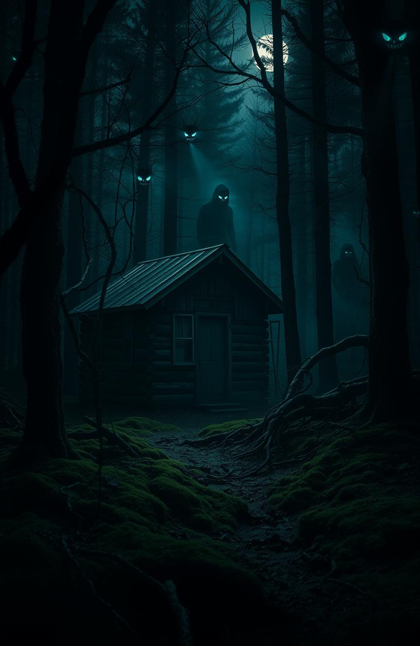 A mysterious and atmospheric scene in a dense, dark forest