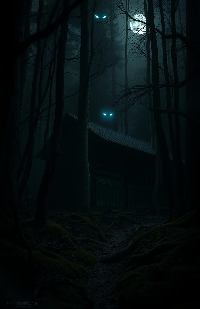 A mysterious and atmospheric scene in a dense, dark forest