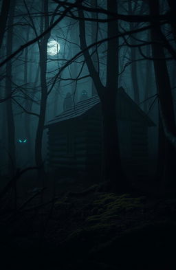 A mysterious and atmospheric scene in a dense, dark forest