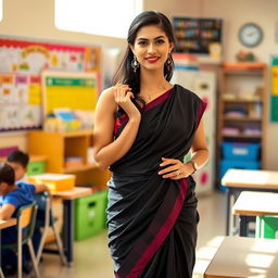 A graceful female teacher wearing a beautifully draped black saree, standing in a bright and engaging classroom