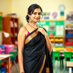 A graceful female teacher wearing a beautifully draped black saree, standing in a bright and engaging classroom