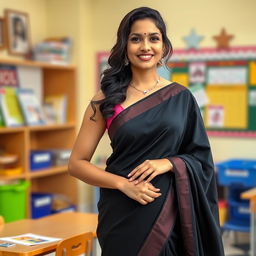 A graceful female teacher wearing a beautifully draped black saree, standing in a bright and engaging classroom