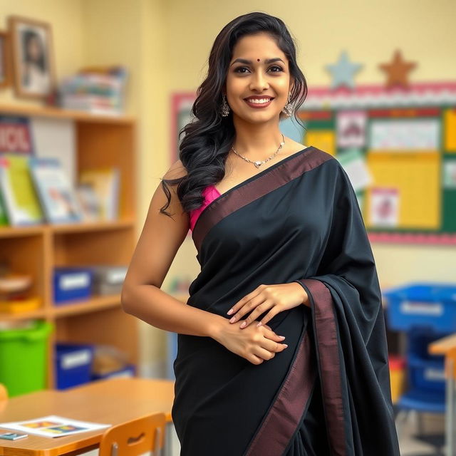 A graceful female teacher wearing a beautifully draped black saree, standing in a bright and engaging classroom