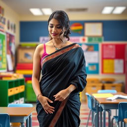 A graceful female teacher wearing a beautifully draped black saree, standing in a bright and engaging classroom