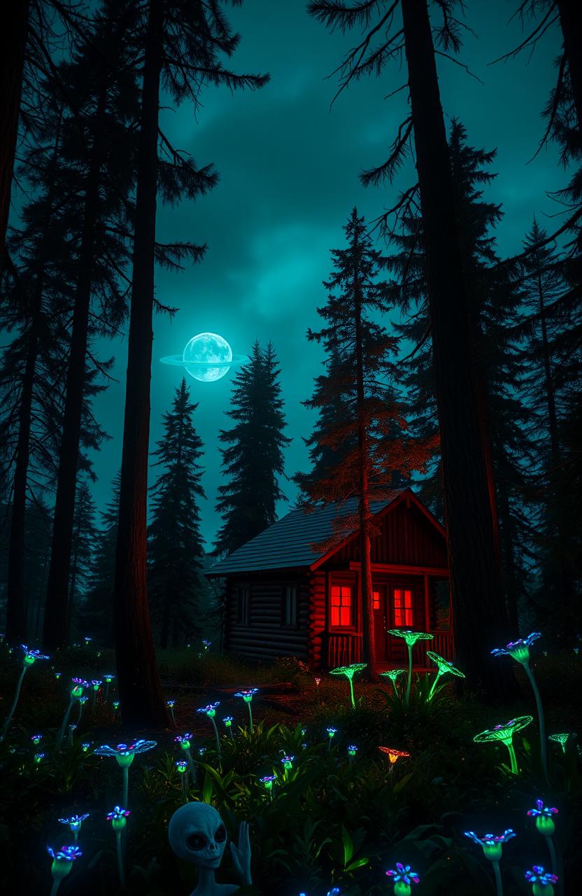 A mysterious scene set in an enchanted forest featuring a rustic wooden cabin partially hidden among tall trees