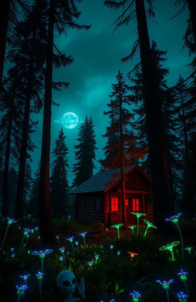 A mysterious scene set in an enchanted forest featuring a rustic wooden cabin partially hidden among tall trees