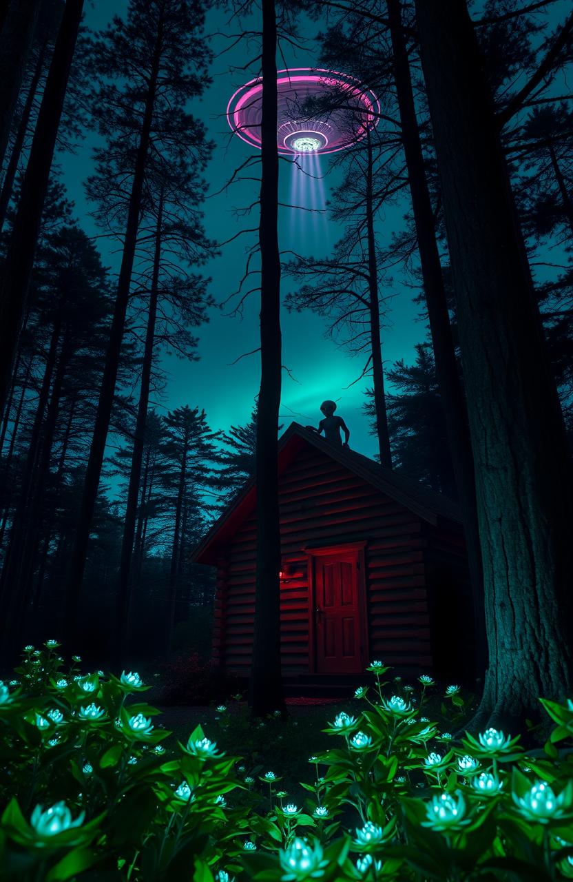 A mysterious scene set in an enchanted forest featuring a rustic wooden cabin partially hidden among tall trees