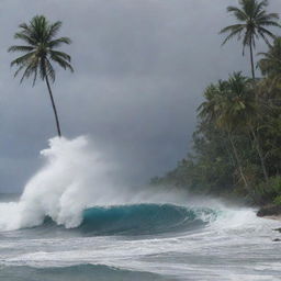 A dramatic scene on a tropical island as a massive wave, a tsunami, looms ominously on the horizon, dwarfing the lush palm trees and tribal structures. The island's inhabitants pause their conflict, unified in the face of the impending disaster.