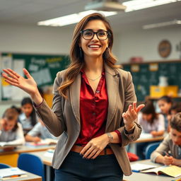 A female teacher exuding confidence and professionalism in a classroom setting, dressed in stylish attire that highlights her individuality