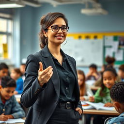 A female teacher exuding confidence and professionalism in a classroom setting, dressed in stylish attire that highlights her individuality