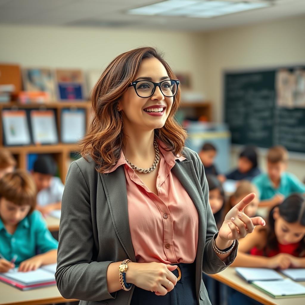 A female teacher exuding confidence and professionalism in a classroom setting, dressed in stylish attire that highlights her individuality