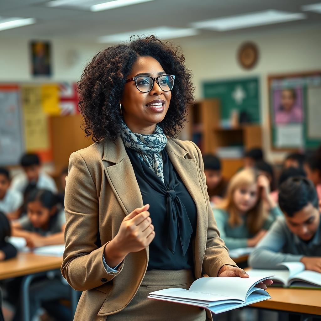 A female teacher exuding confidence and professionalism in a classroom setting, dressed in stylish attire that highlights her individuality