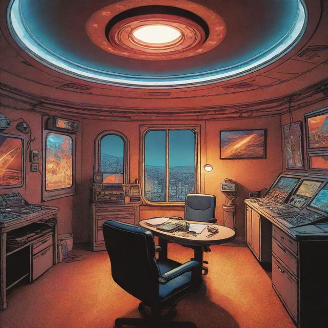 A vibrant blend of comic book art and lineart capturing the interior of a UFO pilot room, illuminated by the burning light of daylight seeping in.