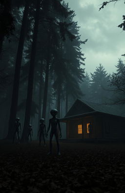 A dark, atmospheric scene depicting aliens in a wooded area surrounding a rustic wooden cabin