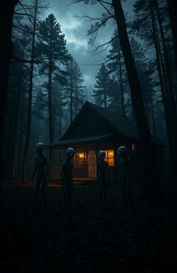 A dark, atmospheric scene depicting aliens in a wooded area surrounding a rustic wooden cabin