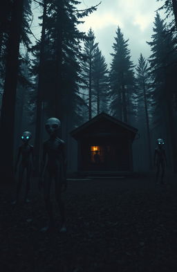 A dark, atmospheric scene depicting aliens in a wooded area surrounding a rustic wooden cabin