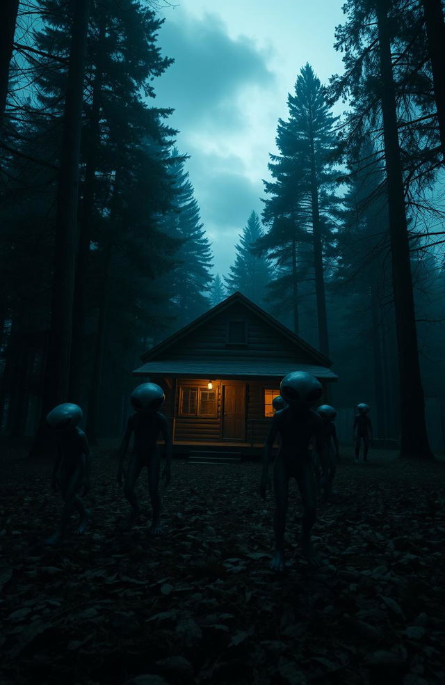 A dark, atmospheric scene depicting aliens in a wooded area surrounding a rustic wooden cabin