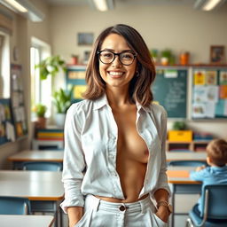 A confident teacher with a fashionable outfit that playfully reveals her navel, standing in a brightly lit classroom filled with educational posters and colorful supplies